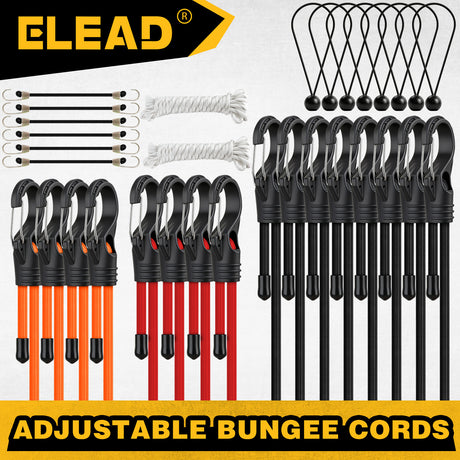 adjustable bungee cords set with carabiner hooks, heavy duty elastic tie down cords for camping, cargo securing, roof racks, storage organization and outdoor use