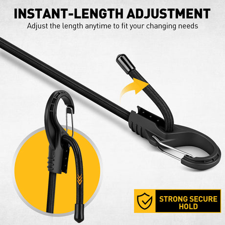 adjustable bungee cords set with carabiner hooks, heavy duty elastic tie down cords for camping, cargo securing, roof racks, storage organization and outdoor use
