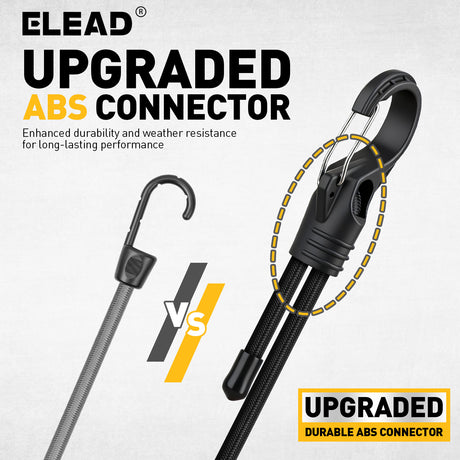 adjustable bungee cords set with carabiner hooks, heavy duty elastic tie down cords for camping, cargo securing, roof racks, storage organization and outdoor use