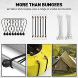 adjustable bungee cords set with carabiner hooks, heavy duty elastic tie down cords for camping, cargo securing, roof racks, storage organization and outdoor use