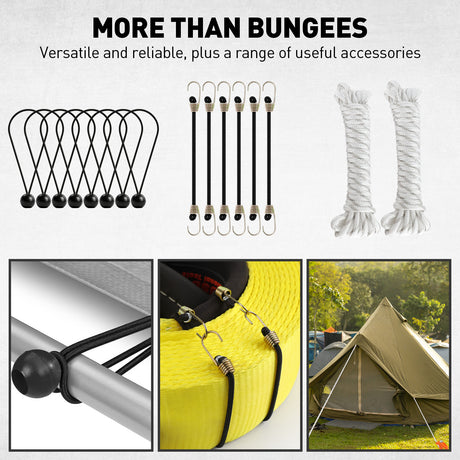 adjustable bungee cords set with carabiner hooks, heavy duty elastic tie down cords for camping, cargo securing, roof racks, storage organization and outdoor use