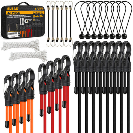 adjustable bungee cords set with carabiner hooks, heavy duty elastic tie down cords for camping, cargo securing, roof racks, storage organization and outdoor use