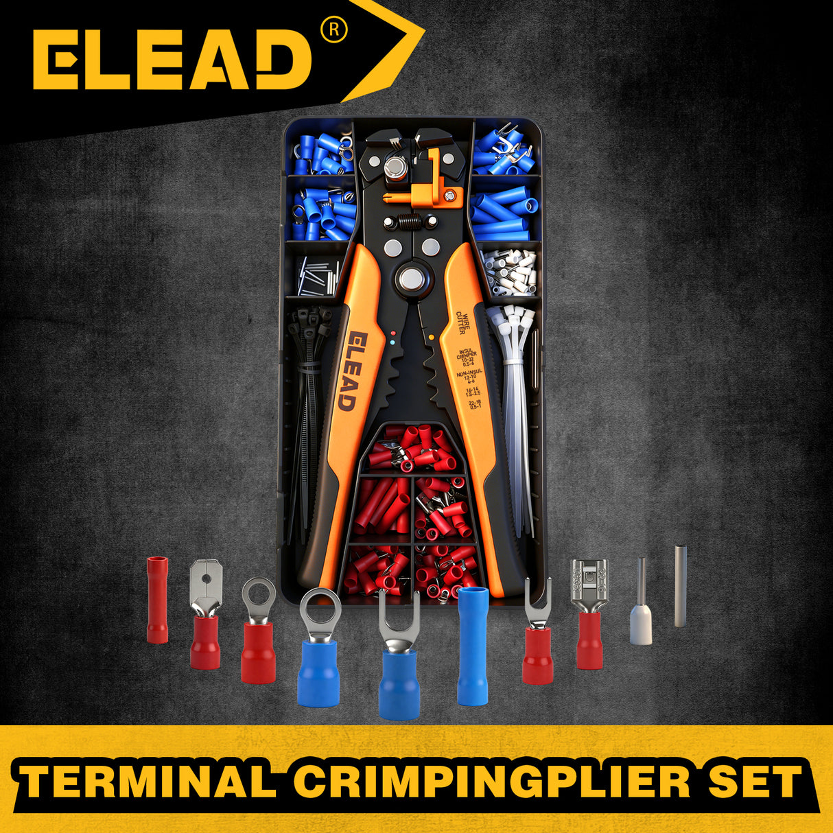 ELEAD wire crimping tool kit with automatic wire stripper, terminal connectors assortment and storage case for electrical wiring repair