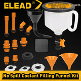 20-piece no-spill coolant funnel kit with 2L translucent funnel, quick-release valve, adapters, extensions, elbows, flexible hose and circular funnels for radiator filling and coolant bleeding