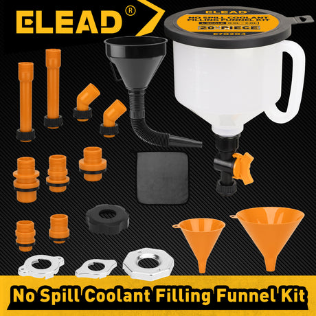 20-piece no-spill coolant funnel kit with 2L translucent funnel, quick-release valve, adapters, extensions, elbows, flexible hose and circular funnels for radiator filling and coolant bleeding
