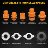 20-piece no-spill coolant funnel kit with 2L translucent funnel, quick-release valve, adapters, extensions, elbows, flexible hose and circular funnels for radiator filling and coolant bleeding