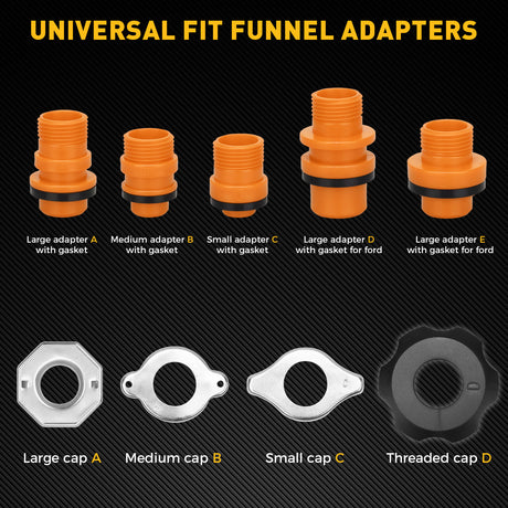 20-piece no-spill coolant funnel kit with 2L translucent funnel, quick-release valve, adapters, extensions, elbows, flexible hose and circular funnels for radiator filling and coolant bleeding