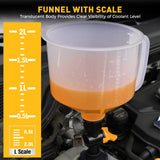 20-piece no-spill coolant funnel kit with 2L translucent funnel, quick-release valve, adapters, extensions, elbows, flexible hose and circular funnels for radiator filling and coolant bleeding