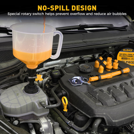 20-piece no-spill coolant funnel kit with 2L translucent funnel, quick-release valve, adapters, extensions, elbows, flexible hose and circular funnels for radiator filling and coolant bleeding