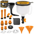 20-piece no-spill coolant funnel kit with 2L translucent funnel, quick-release valve, adapters, extensions, elbows, flexible hose and circular funnels for radiator filling and coolant bleeding