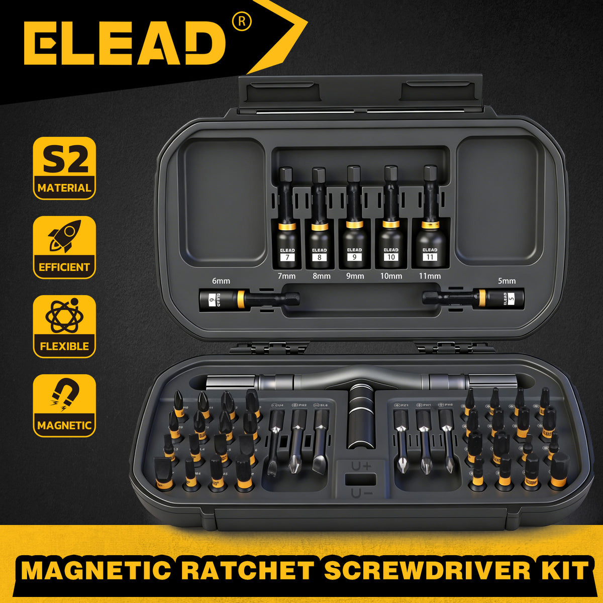 46-in-1 magnetic ratchet screwdriver kit with S2 steel bits, 7 magnetic nut drivers, 4-in-1 adjustable ratchet handle, built-in magnetizer and compact storage case