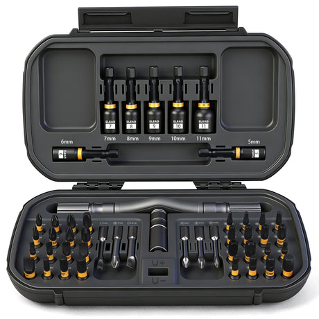 46-in-1 magnetic ratchet screwdriver kit with S2 steel bits, 7 magnetic nut drivers, 4-in-1 adjustable ratchet handle, built-in magnetizer and compact storage case