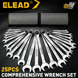 25-piece metric combination wrench set with 6-28mm, 30mm and 32mm CR-V open-end and 12-point box-end wrenches in a roll-up tool pouch