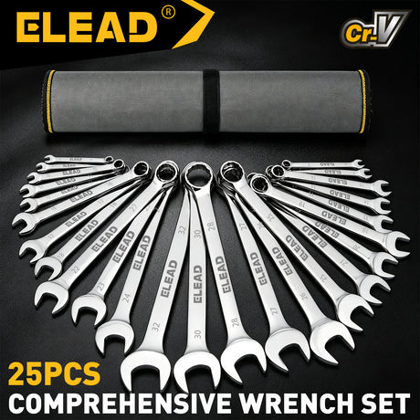 25-piece metric combination wrench set with 6-28mm, 30mm and 32mm CR-V open-end and 12-point box-end wrenches in a roll-up tool pouch