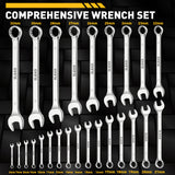 25-piece metric combination wrench set with 6-28mm, 30mm and 32mm CR-V open-end and 12-point box-end wrenches in a roll-up tool pouch