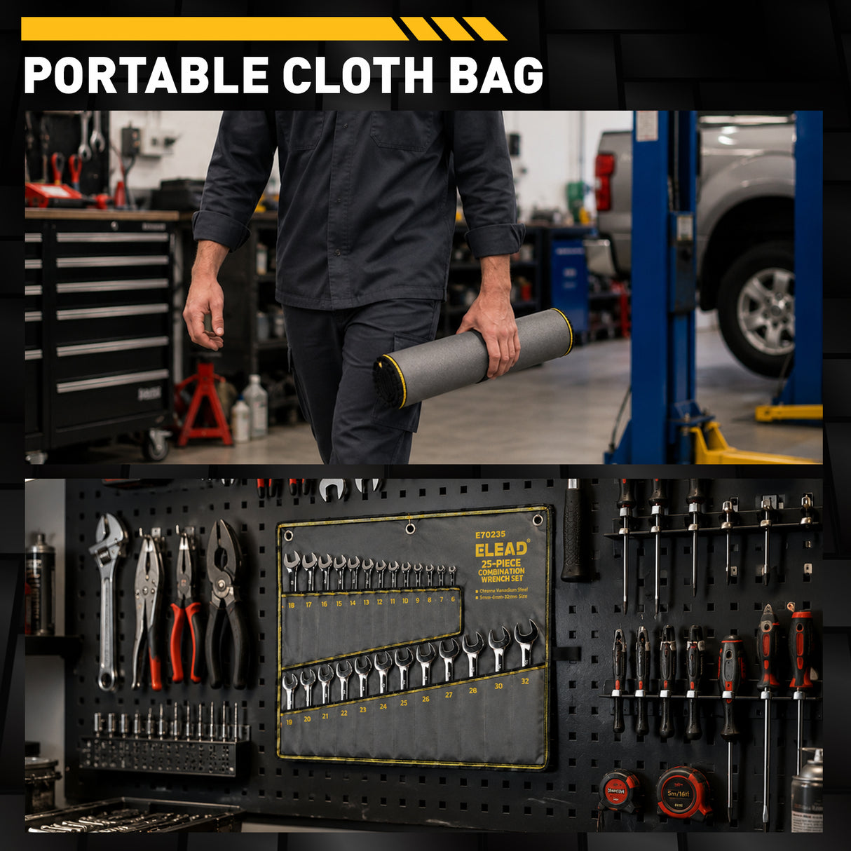 25-piece metric combination wrench set with 6-28mm, 30mm and 32mm CR-V open-end and 12-point box-end wrenches in a roll-up tool pouch