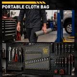 25-piece metric combination wrench set with 6-28mm, 30mm and 32mm CR-V open-end and 12-point box-end wrenches in a roll-up tool pouch