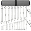 25-piece metric combination wrench set with 6-28mm, 30mm and 32mm CR-V open-end and 12-point box-end wrenches in a roll-up tool pouch