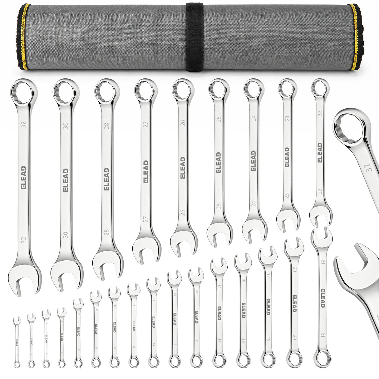 25-piece metric combination wrench set with 6-28mm, 30mm and 32mm CR-V open-end and 12-point box-end wrenches in a roll-up tool pouch