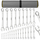 25-piece metric combination wrench set with 6-28mm, 30mm and 32mm CR-V open-end and 12-point box-end wrenches in a roll-up tool pouch