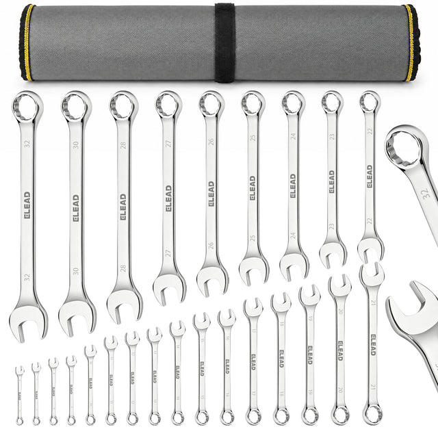 25-piece metric combination wrench set with 6-28mm, 30mm and 32mm CR-V open-end and 12-point box-end wrenches in a roll-up tool pouch