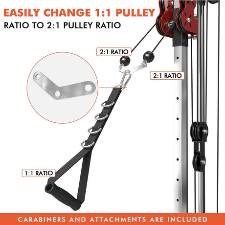 plate loaded cable machine with pulley system adjustable height functional trainer with lat pulldown bar and attachments
