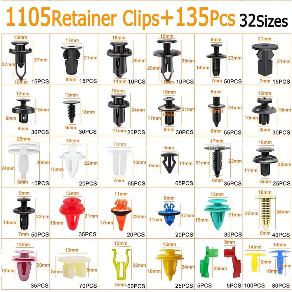 Car retainer clips kit 1240PCS with 32 sizes, fastener removal tools, cable ties and sponge pads for automotive panel and bumper repair.