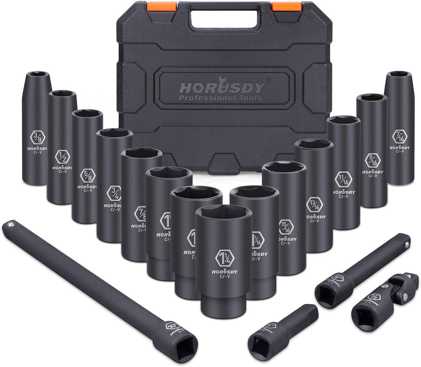 Comprehensive 18-piece deep impact socket set made from chrome vanadium steel with a corrosion-resistant black phosphate finish, including various sizes and extensions in a durable storage case