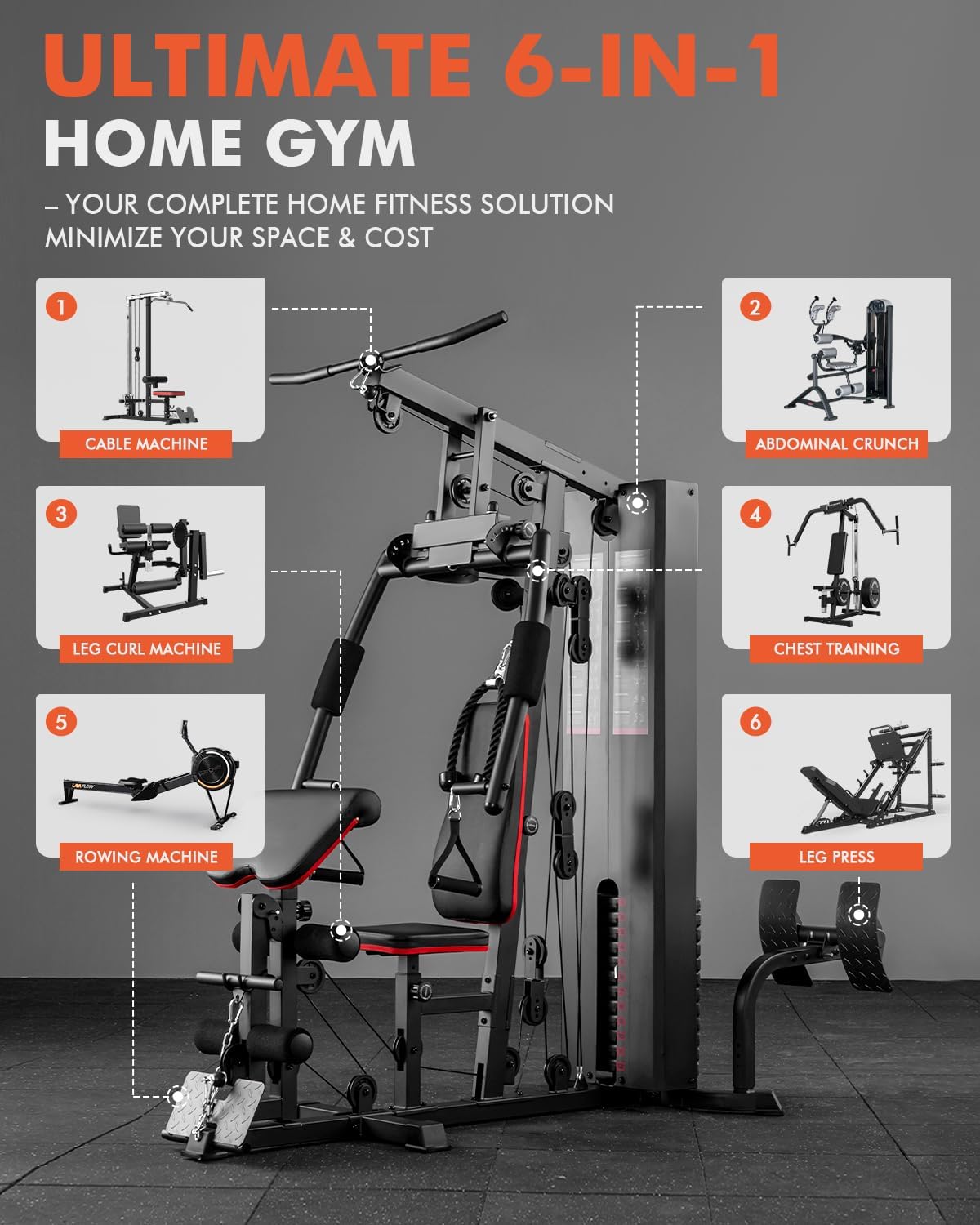multi function home gym equipment with weight stack 6 in 1 workout machine with cable system leg press and chest trainer