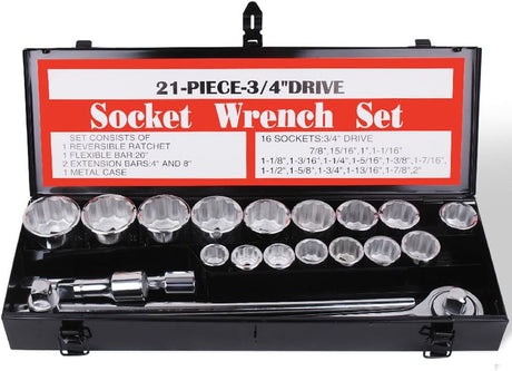 21-Piece 3/4 Inch Drive SAE Socket Wrench Set with 16 Chrome Vanadium Steel Sockets, Ratchet, Sliding T-Bar, Extension Bars and Metal Carry Case