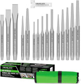 16-piece punch and chisel set with pin punches, taper punches, center punches, CR-V cold chisels, chisel gauge and canvas roll pouch