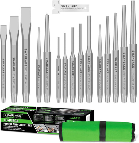 16-piece punch and chisel set with pin punches, taper punches, center punches, CR-V cold chisels, chisel gauge and canvas roll pouch
