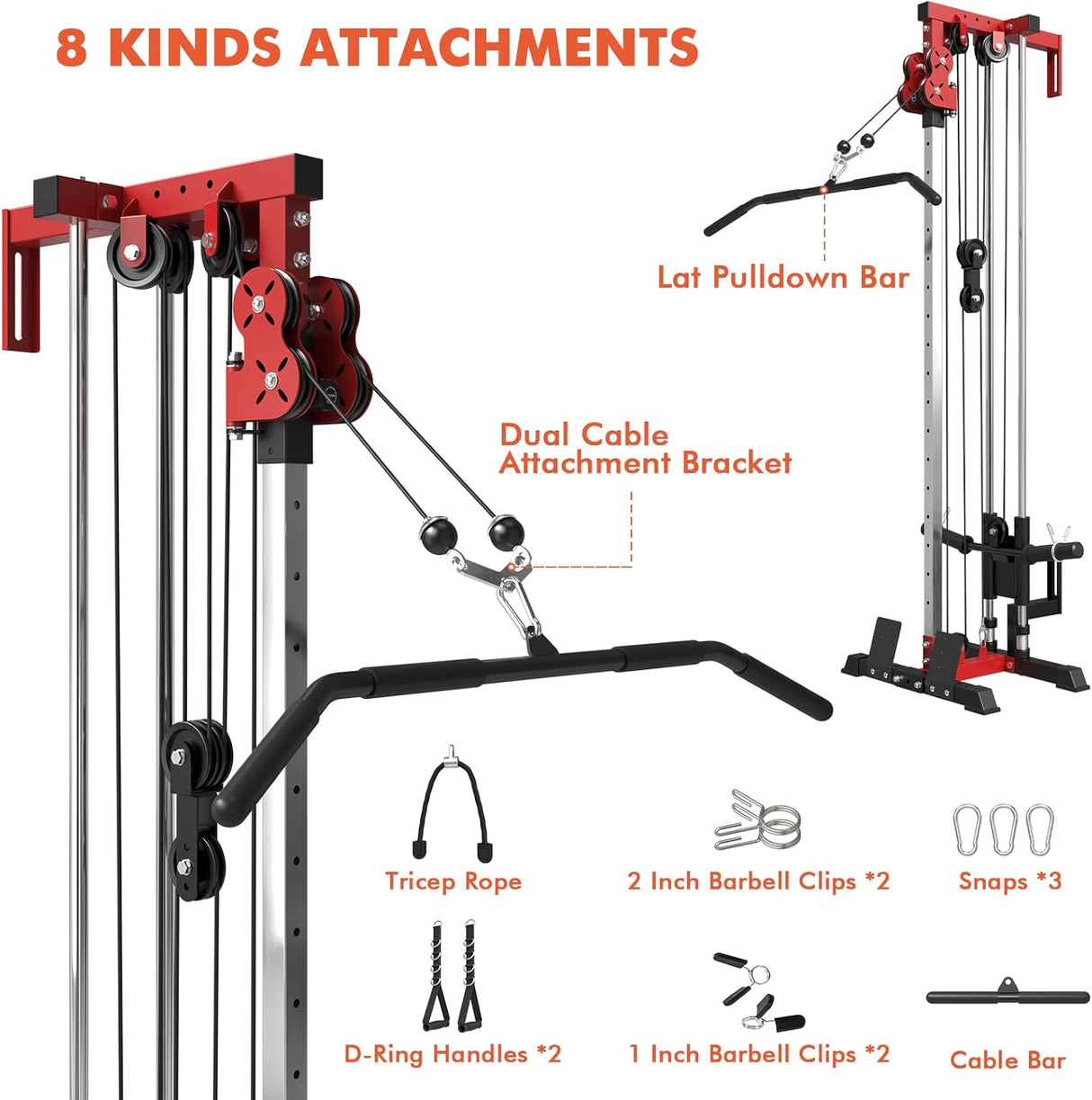 plate loaded cable machine with pulley system adjustable height functional trainer with lat pulldown bar and attachments
