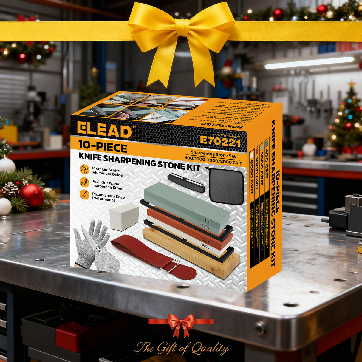 10-piece knife sharpening stone kit with 400/1000 and 3000/8000 grit whetstones, bamboo base, rubber bases, angle guide, Nagura stone, leather strop, cleaning towel and cut resistant gloves