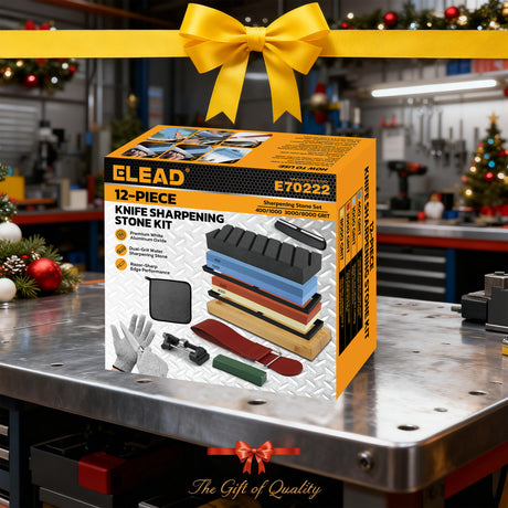12-piece knife sharpening stone kit with 400/1000 and 3000/8000 grit whetstones, bamboo base, angle guide, honing guide, flattening stone, leather strop, green polishing compound and cut resistant gloves