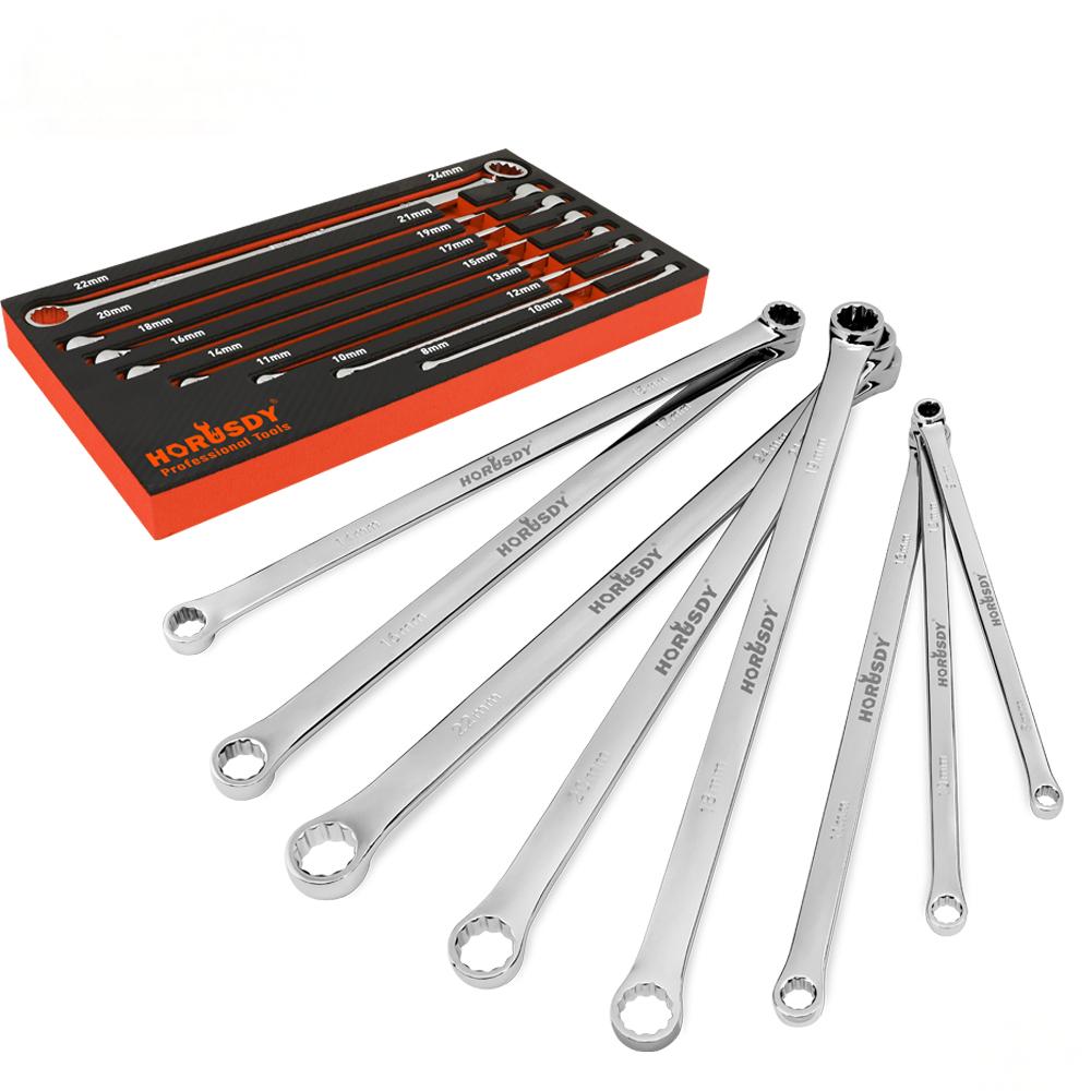 HORUSDY extra-long box end wrench set 9-24mm, 10pcs double ring spanner kit for automotive, bike, and mechanical repair