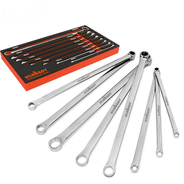 HORUSDY extra-long box end wrench set 9-24mm, 10pcs double ring spanner kit for automotive, bike, and mechanical repair