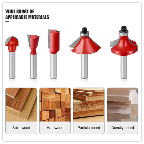 15-piece 1/4 inch shank router bit set in wooden storage case with straight, dovetail, cove, cove box, Roman ogee, corner round, chamfer, mortising and V-slot bits for woodworking