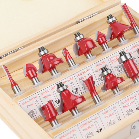 15-piece 1/4 inch shank router bit set in wooden storage case with straight, dovetail, cove, cove box, Roman ogee, corner round, chamfer, mortising and V-slot bits for woodworking