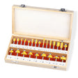 24-piece 1/4 inch shank router bits set in wooden storage case with straight, flush trim, round over, cove, chamfer, dovetail, mortising, slot cutter and grooving bits for woodworking