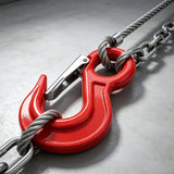 heavy-duty eye lifting hook with safety latch and red powder-coated finish for chain rigging, hoisting and material handling