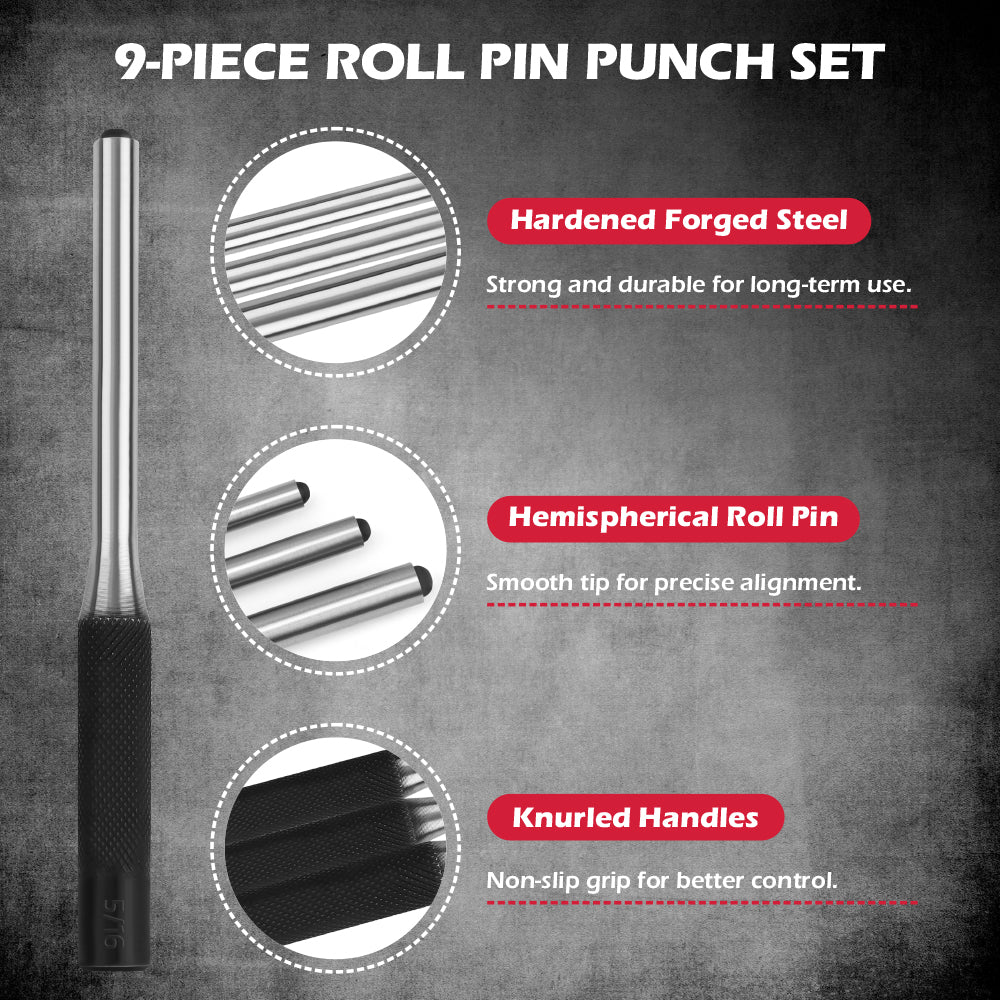 25-piece roll pin punch and punch and chisel set with CR-V steel tools, angle gauge, roll-up storage pouches and gift box