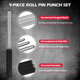 25-piece roll pin punch and punch and chisel set with CR-V steel tools, angle gauge, roll-up storage pouches and gift box