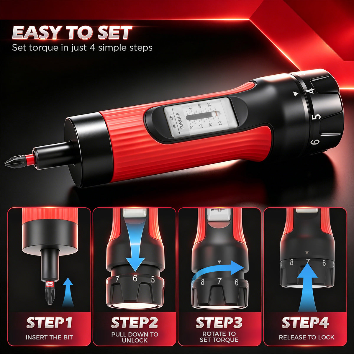 45-piece adjustable torque screwdriver set with 10-70 in-lb scale, 1/4-inch magnetic bit holder, 24 S2 bits and 20 SAE and metric nut drivers
