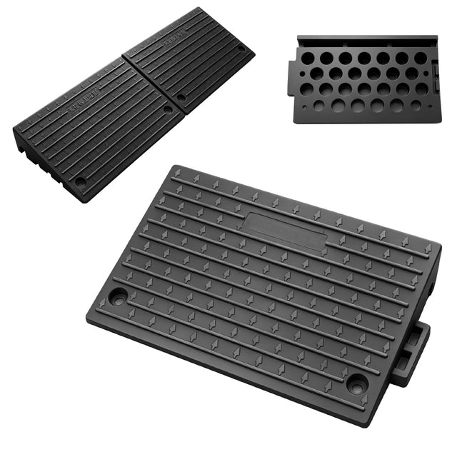 heavy duty rubber curb ramp with anti-slip angled surface, 10 ton load capacity and connectable design for driveways, doorways, cars, wheelchairs, motorcycles, trolleys, strollers