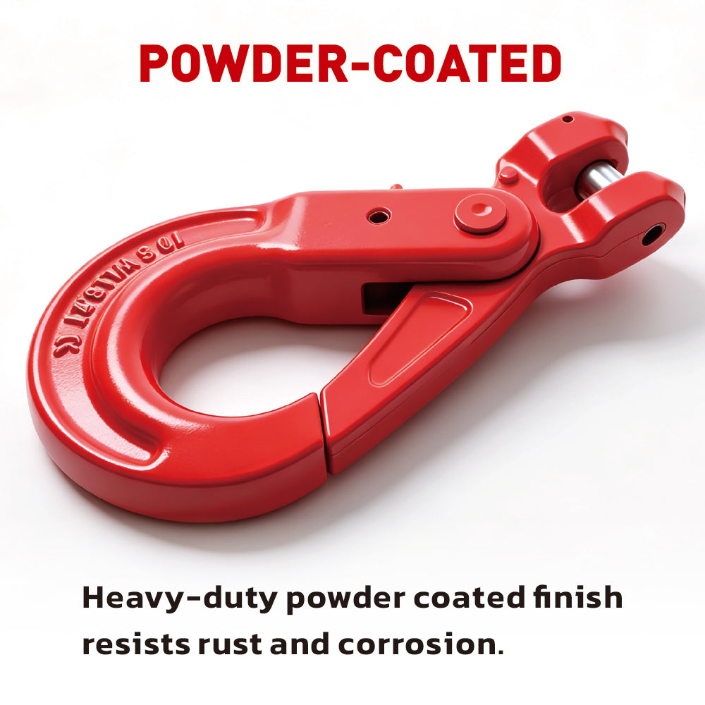 G80 clevis self-locking lifting hook with powder-coated finish and secure locking gate for chain rigging, hoisting and material handling