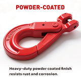 G80 clevis self-locking lifting hook with powder-coated finish and secure locking gate for chain rigging, hoisting and material handling