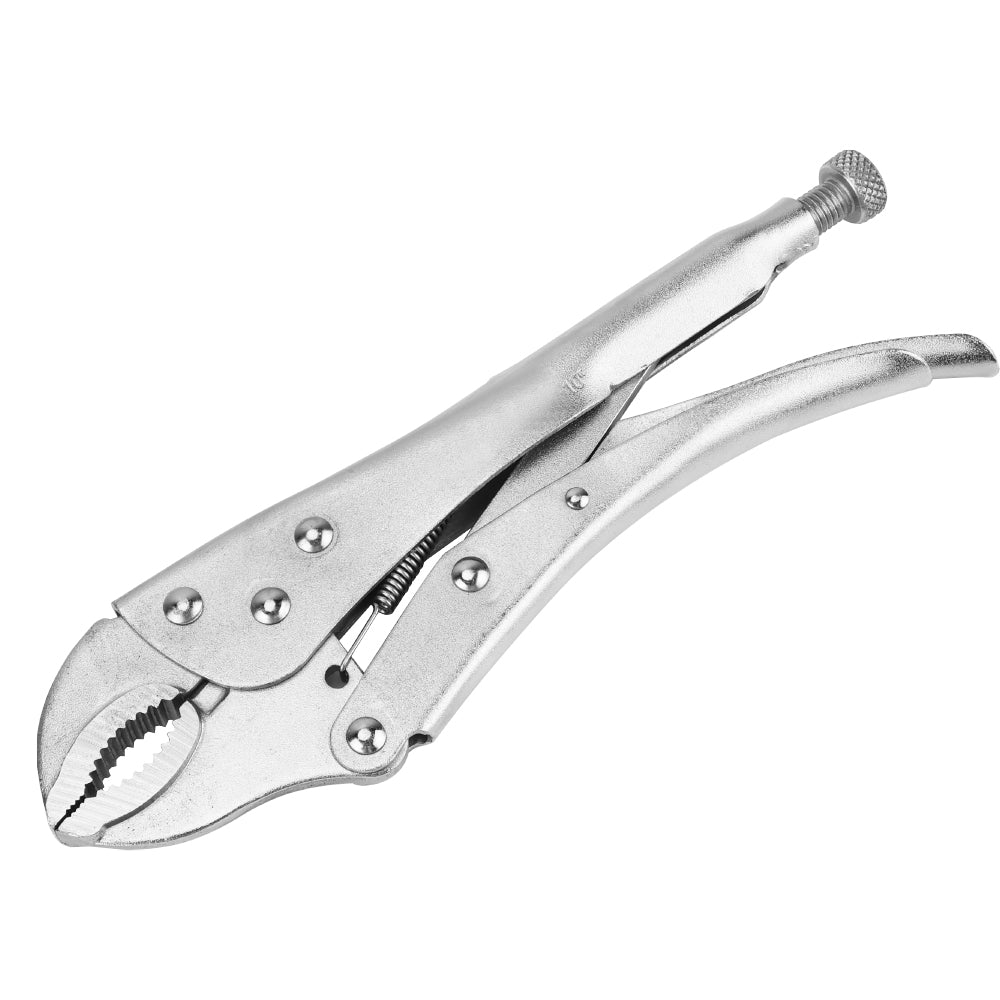 10 inch curved jaw locking pliers with adjustable tension screw, CR-MO steel serrated jaws and 1.6 inch jaw capacity