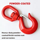 heavy-duty swivel lifting hook with safety latch and red powder-coated finish for rigging, hoisting and material handling