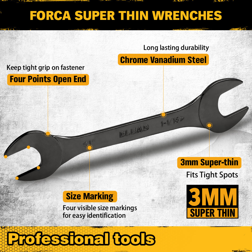 19-piece super-thin open end wrench set with 3mm slim profile, SAE and metric sizes, chrome vanadium steel construction, four-point open ends, and rolling tool pouch